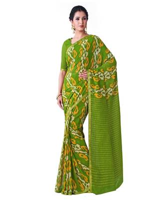 Green Printed Chiffon Saree With Blouse 1