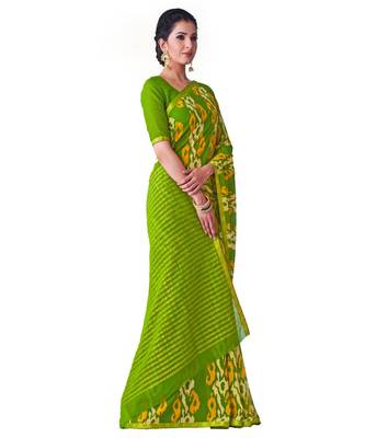 Green Printed Chiffon Saree With Blouse 2