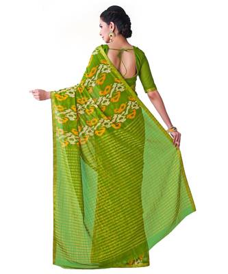 Green Printed Chiffon Saree With Blouse 3