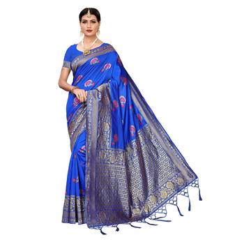 Blue woven cotton silk saree with blouse 1