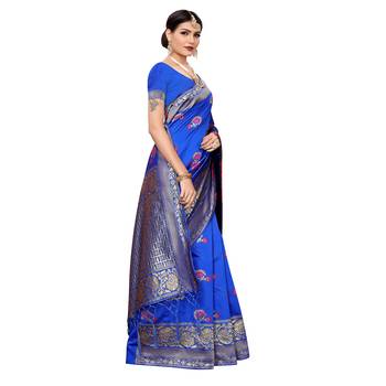 Blue woven cotton silk saree with blouse 3