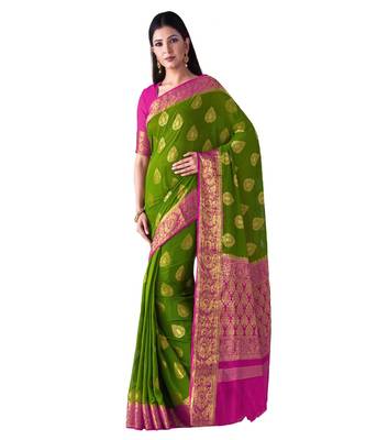 Green Woven Chiffon Saree With Blouse 1