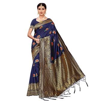 Navy blue woven cotton silk saree with blouse 1