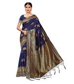 Navy blue woven cotton silk saree with blouse