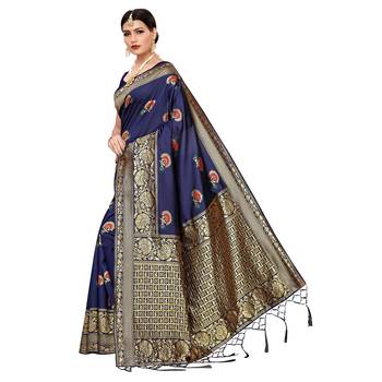 Navy blue woven cotton silk saree with blouse 2