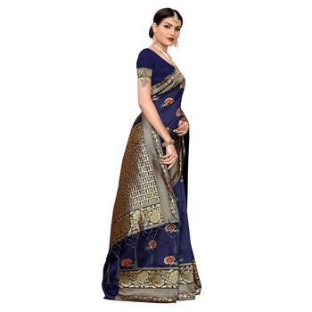 Navy blue woven cotton silk saree with blouse 3