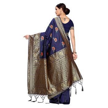 Navy blue woven cotton silk saree with blouse 4