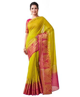 Yellow Woven Linen Saree With Blouse 1