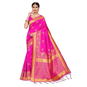 Pink woven cotton silk saree with blouse 1