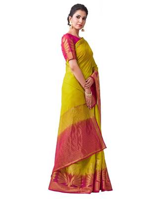 Yellow Woven Linen Saree With Blouse 2