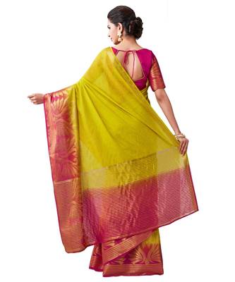 Yellow Woven Linen Saree With Blouse 3