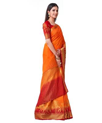 Yellow Woven Linen Saree With Blouse 2