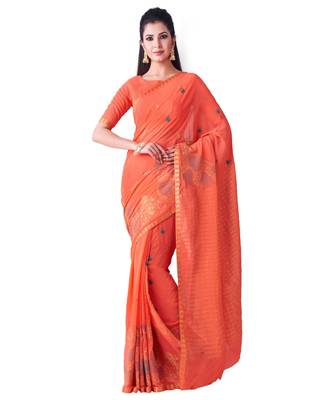 Orange Embroidered Chiffon Saree With Blouse 1