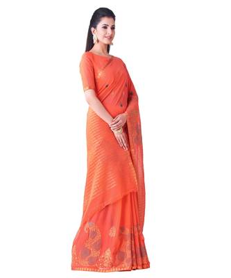 Orange Embroidered Chiffon Saree With Blouse 2