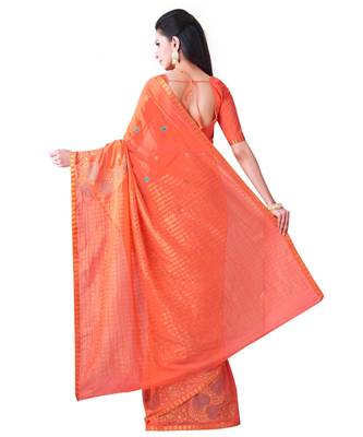 Orange Embroidered Chiffon Saree With Blouse 3