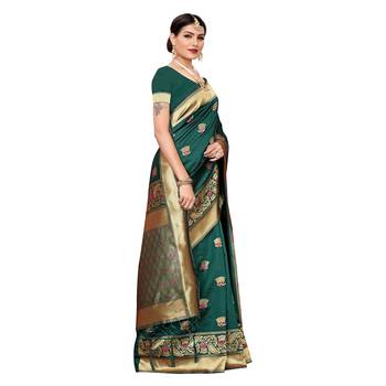 Green woven cotton silk saree with blouse 3