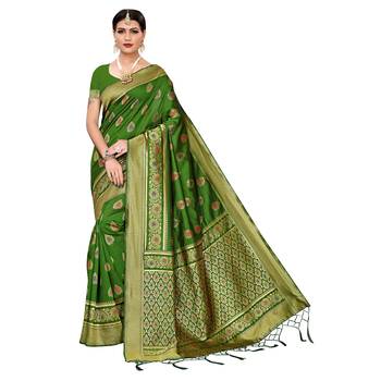 Olive woven cotton silk saree with blouse 1