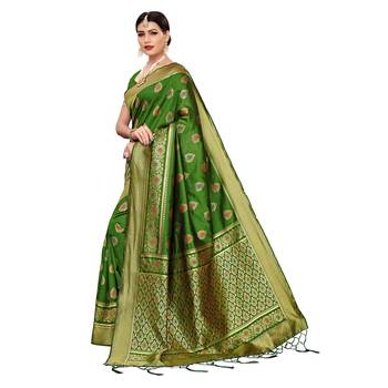 Olive woven cotton silk saree with blouse 2