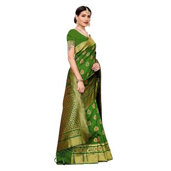 Olive woven cotton silk saree with blouse 3