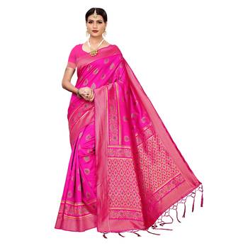 Pink woven cotton silk saree with blouse 1