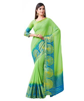 Green Woven Chiffon Saree With Blouse 1
