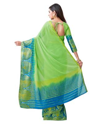 Green Woven Chiffon Saree With Blouse 3