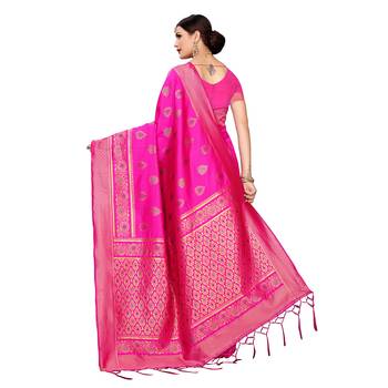 Pink woven cotton silk saree with blouse 4