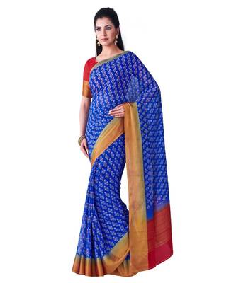 Blue Printed Chiffon Saree With Blouse 1