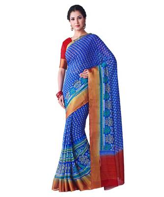 Blue Printed Chiffon Saree With Blouse 1
