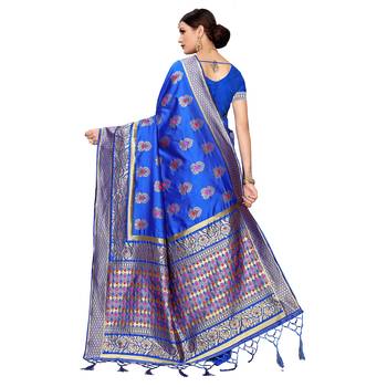 Blue woven cotton silk saree with blouse 4