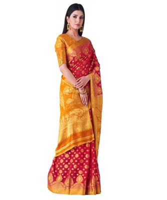 Red Woven Chiffon Saree With Blouse 2