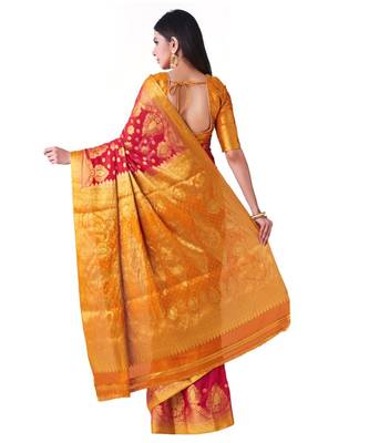 Red Woven Chiffon Saree With Blouse 3