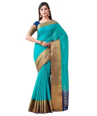 Turquoise Woven Linen Saree With Blouse 1