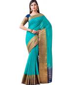 Turquoise Woven Linen Saree With Blouse