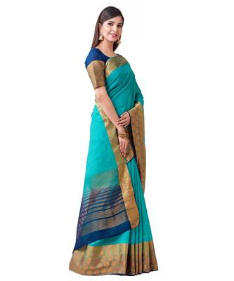 Turquoise Woven Linen Saree With Blouse 2