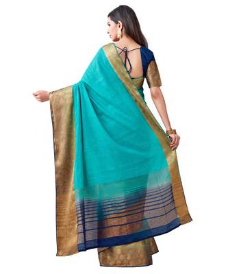Turquoise Woven Linen Saree With Blouse 3