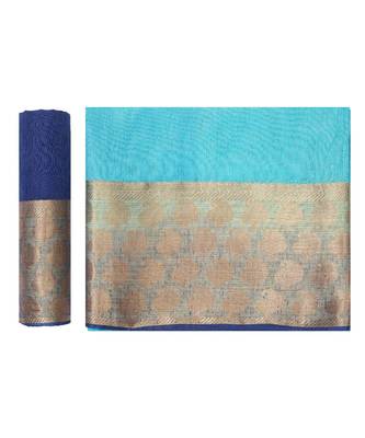 Turquoise Woven Linen Saree With Blouse 5