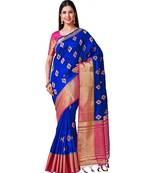 Blue Embroidered Tussar Silk Saree With Blouse