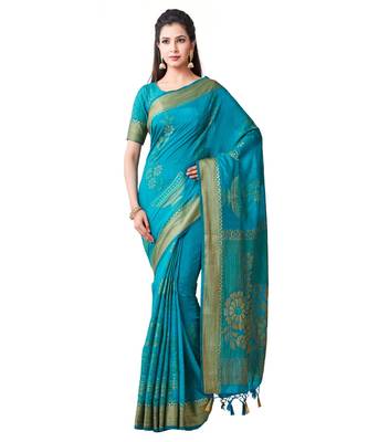 Turquoise Woven Art Silk Saree With Blouse 1