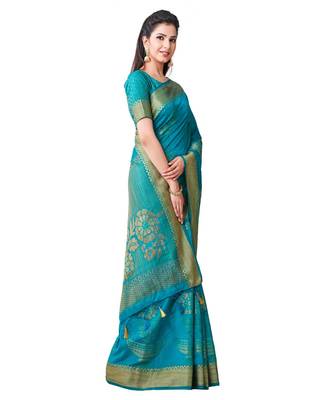 Turquoise Woven Art Silk Saree With Blouse 2