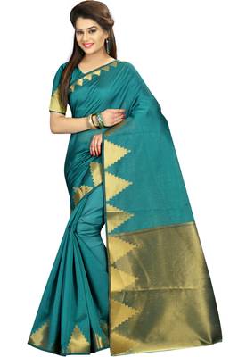 Teal woven cotton saree with blouse 1