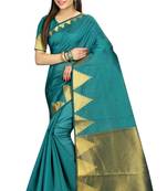 Teal woven cotton saree with blouse
