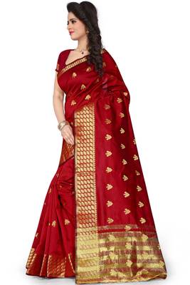 Red woven cotton saree with blouse 3