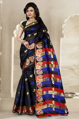 Black woven cotton saree with blouse 1