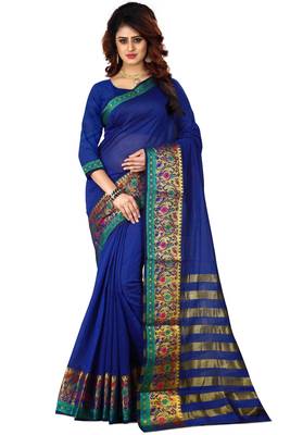 Blue woven cotton silk saree with blouse 1