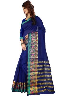 Blue woven cotton silk saree with blouse 2