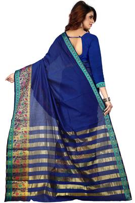 Blue woven cotton silk saree with blouse 3
