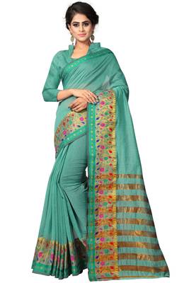 Turquoise woven cotton silk saree with blouse 1