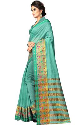 Turquoise woven cotton silk saree with blouse 2