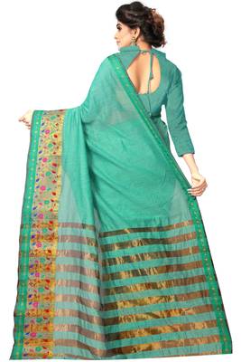 Turquoise woven cotton silk saree with blouse 3